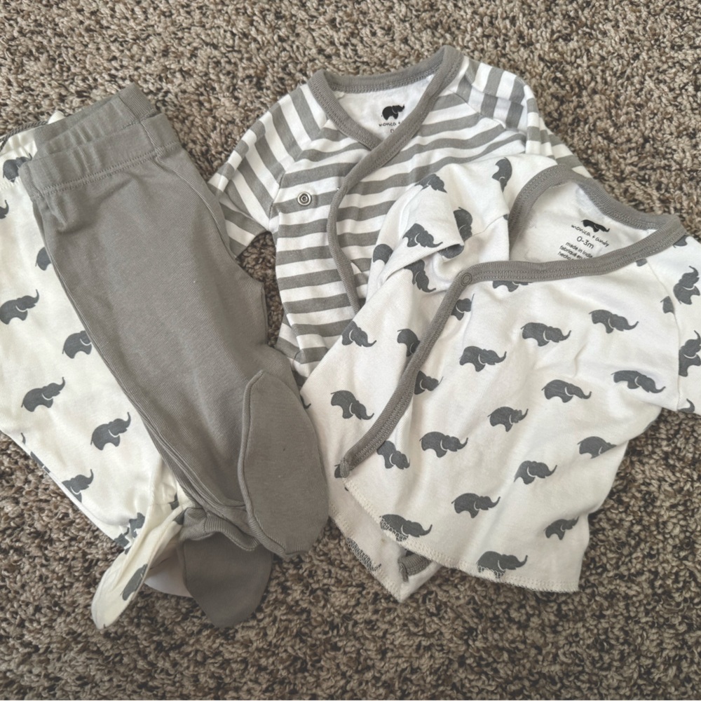 Monica + Andy (3) long sleeve tops and Footie bottoms. Size 0-3 months.